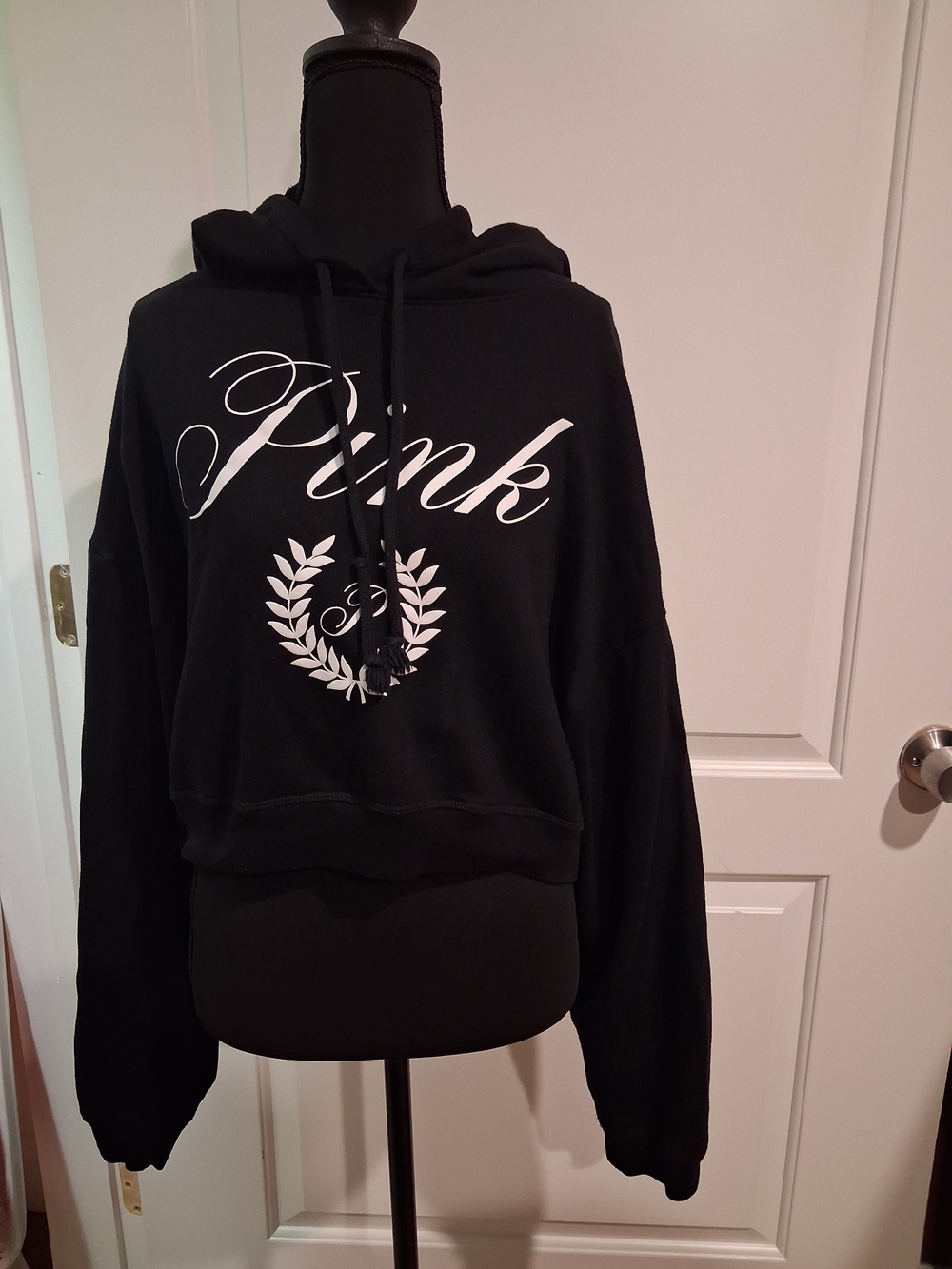 PINK Victoria's Secret Black Cropped Hoodie with White Logo